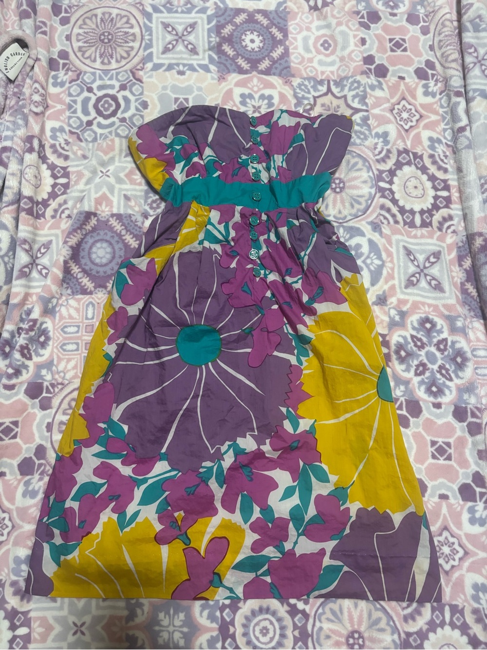 Anthropologie Strapless Floral Midi Dress in Purple, Yellow & Teal